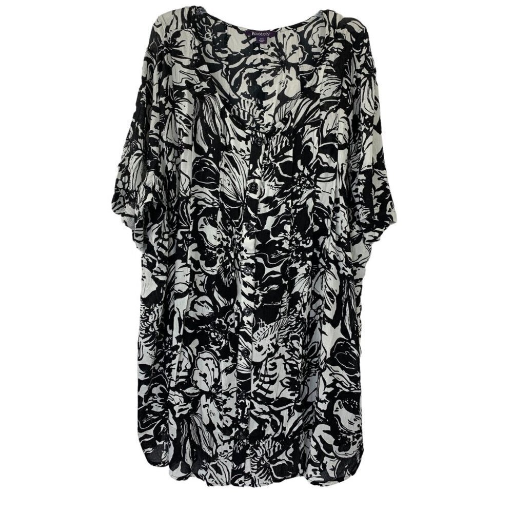 Roaman's Women's Black & White Floral Blouse